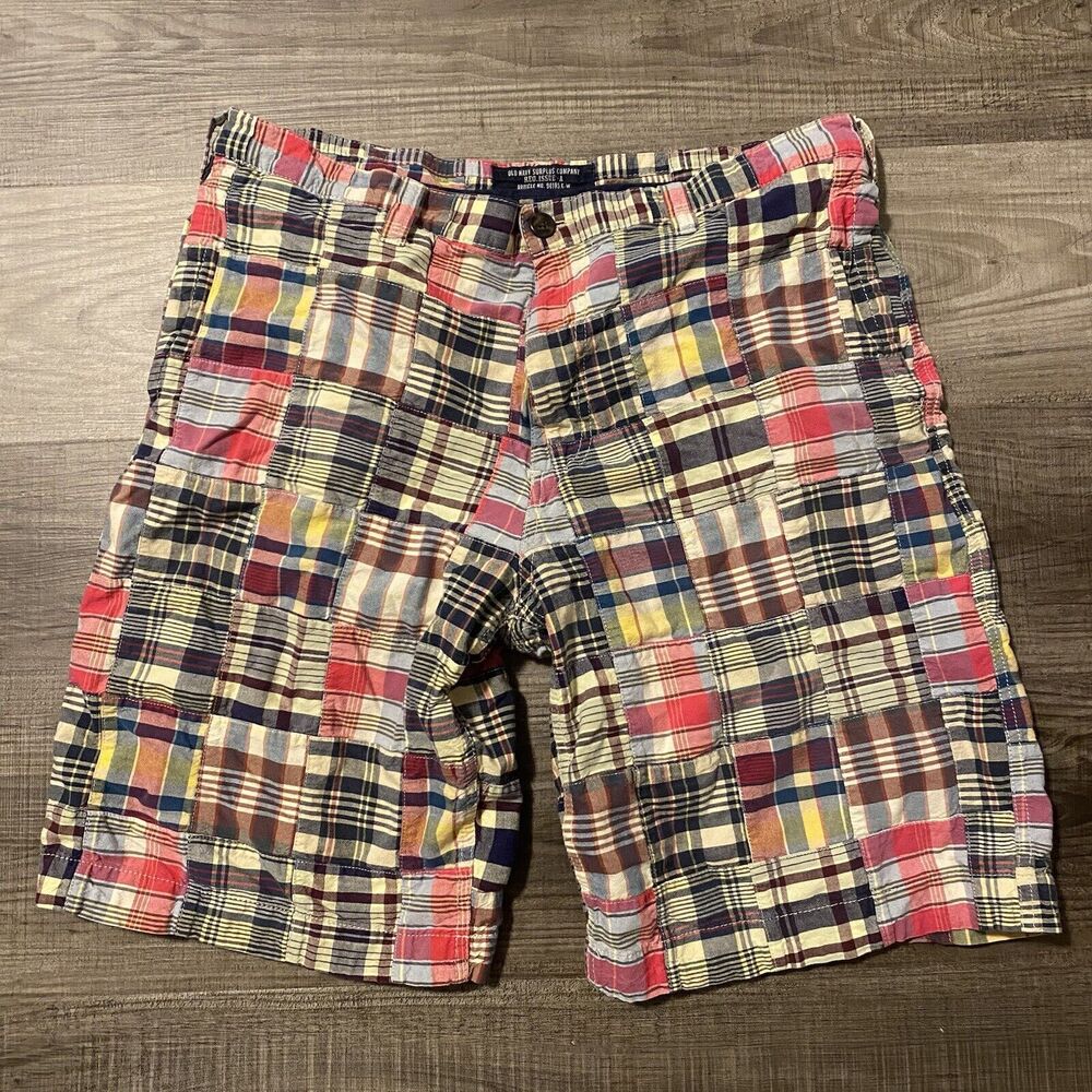 Old Navy Shorts Mens 36 Plaid Patchwork Madras Blue Yellow Red Bermuda Cargo